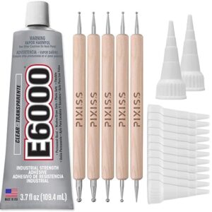 E6000 Industrial Strength Clear Rubber Adhesive Kit – 109 ml Tube + 4 Snip Tips + 5 Pixiss Wood‑Handle Dotting Stylus Pens for Crafts, Jewelry & Repairs