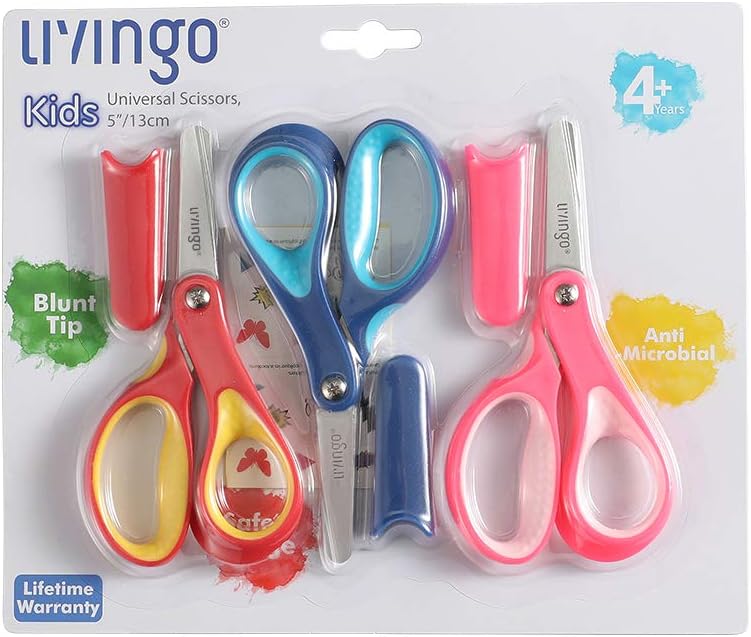 LIVINGO 5″ Blunt Tip Kids Craft Scissors – 3 Pack