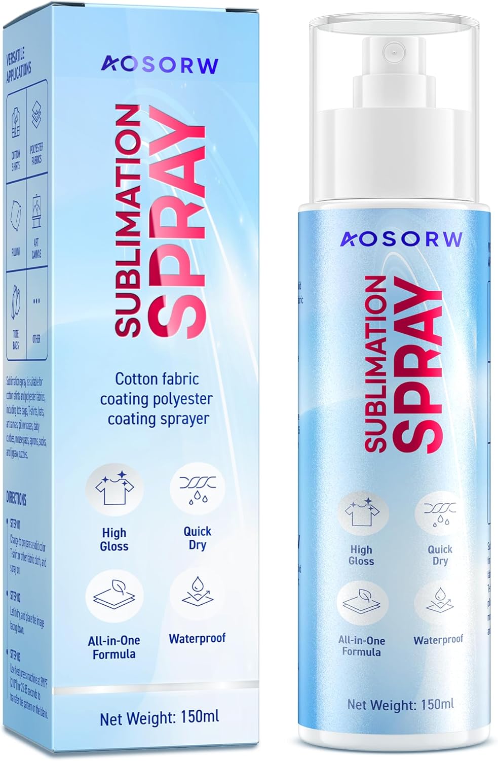 AOSORW Sublimation Spray for Cotton Shirts – Coating Supplies for T-Shirts, Canvas, Polyester (150 mL)