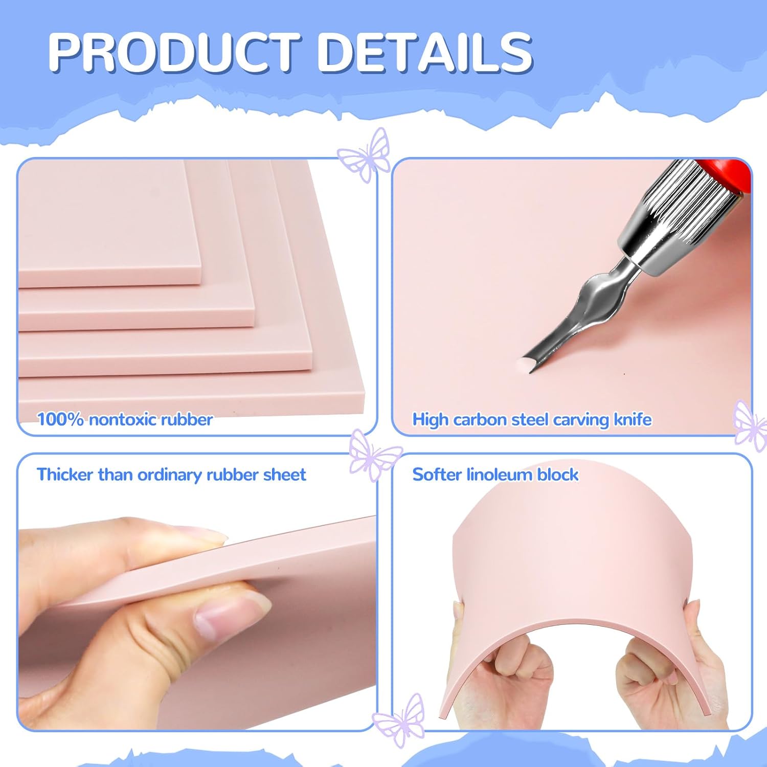 Oopsu 4-Pack Pink Rubber Stamp Carving Blocks, 8″×10″ × 0.6 cm Thick with Tool Kit - Image 3