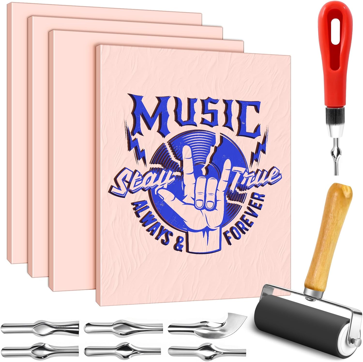 Oopsu 4-Pack Pink Rubber Stamp Carving Blocks, 8″×10″ × 0.6 cm Thick with Tool Kit