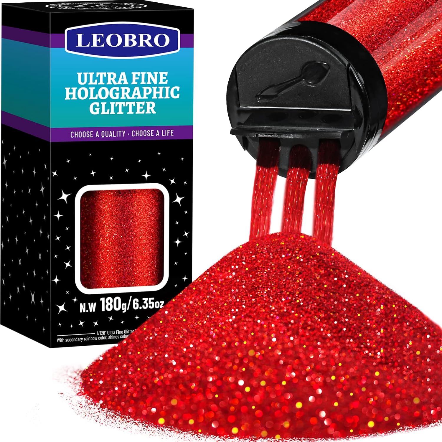 LEOBRO Holographic Ultra-Fine Red Glitter Powder 180 g (6.35 oz)