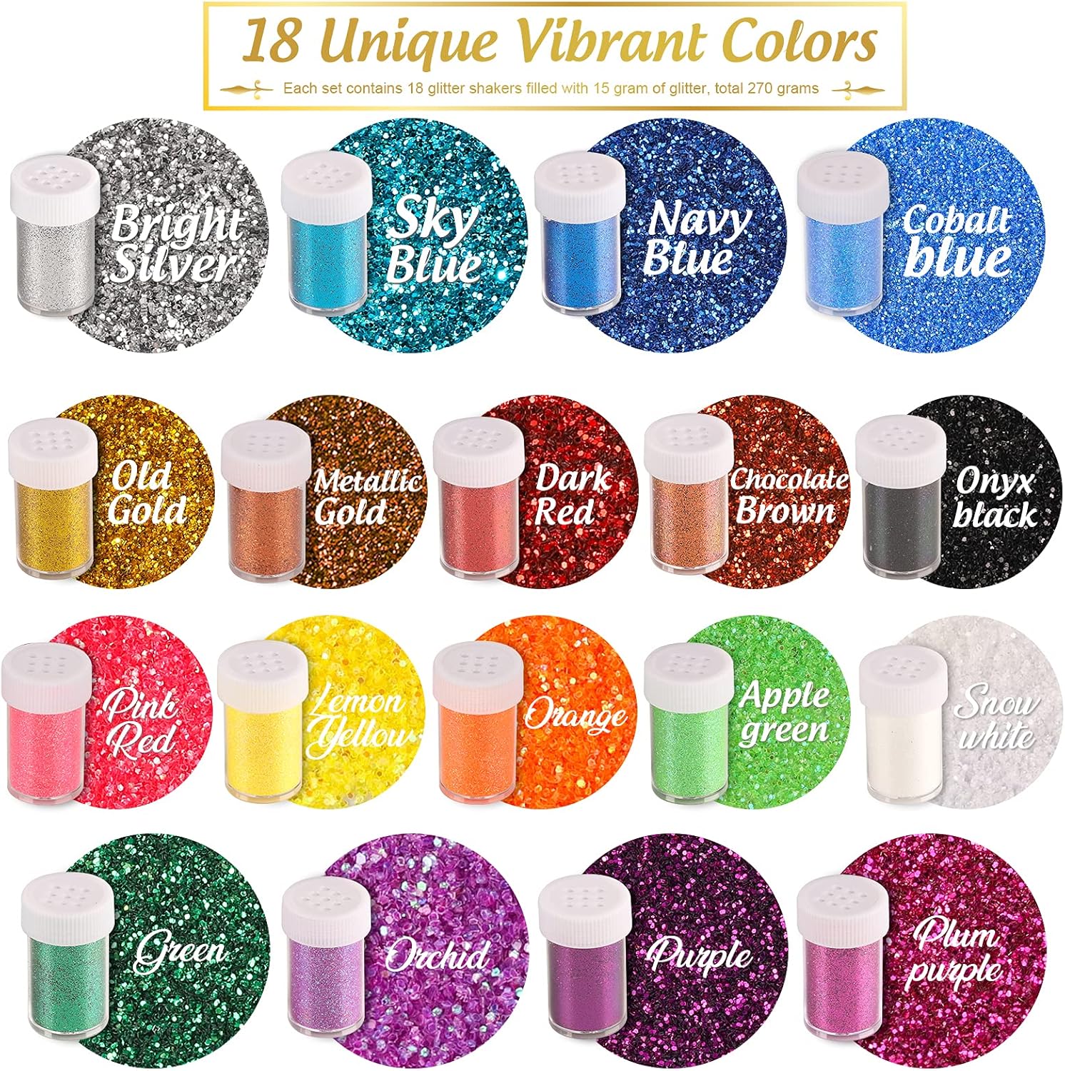 LEOBRO 18‑Pack Extra Fine Glitter Assorted Colors (15g each, Total ~270g) - Image 2