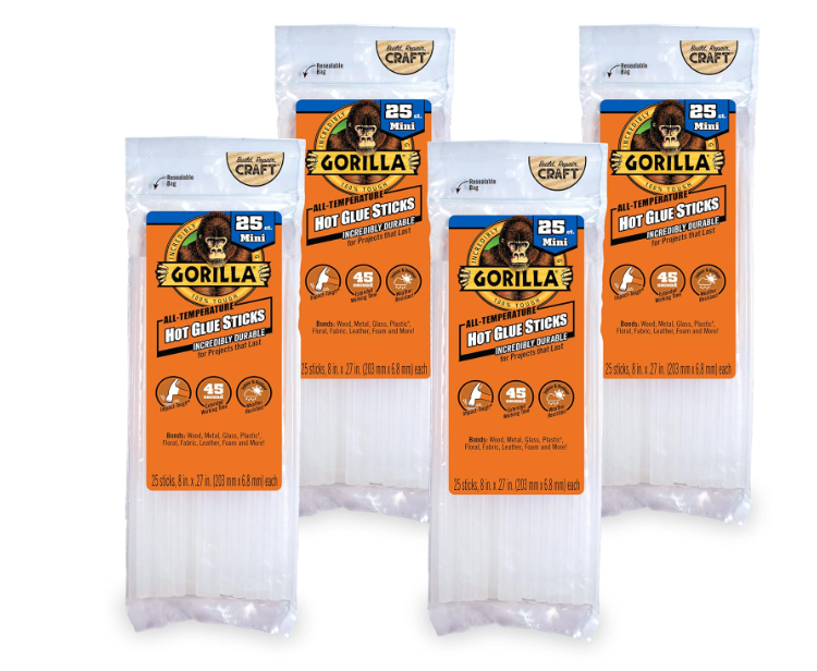 Gorilla Hot Glue Sticks – Clear Mini Size 8″ Long × 0.27″ Diameter, Pack of 4 Bags of 25