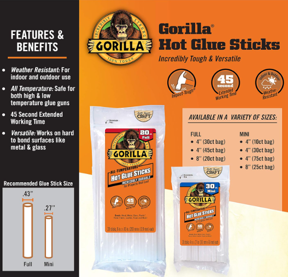 Gorilla Hot Glue Sticks – Clear Mini Size 8″ Long × 0.27″ Diameter, Pack of 4 Bags of 25 - Image 2