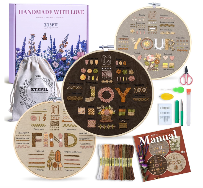 ETSPIL “Find Your Joy” Beginner Embroidery Kit – 3-Pack with Pre-Printed Fabric