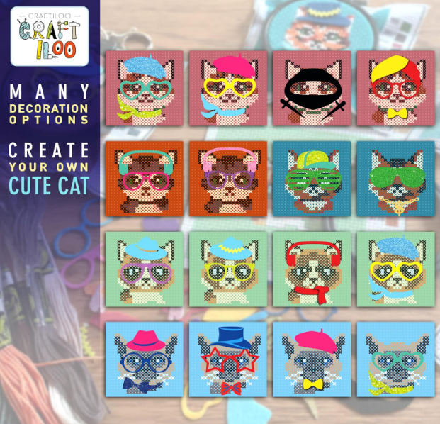 Cat-Themed Cross Stitch Kit – 5 Stamped Designs for Kids & Beginners (By CRAFTILOO) - Image 3