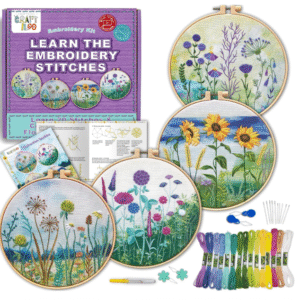 CRAFTILOO 4-Pack Embroidery Kit for Beginners – Watercolour Flowers