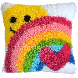 GREBSTK Latch Hook Kit DIY Throw Pillow Cover – Sun & Rainbow Pattern 16″ × 16″