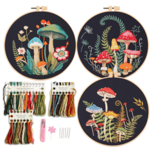 Myfelicity Mushroom Embroidery Kit – 3-Pack (Pre-printed Black Fabric)