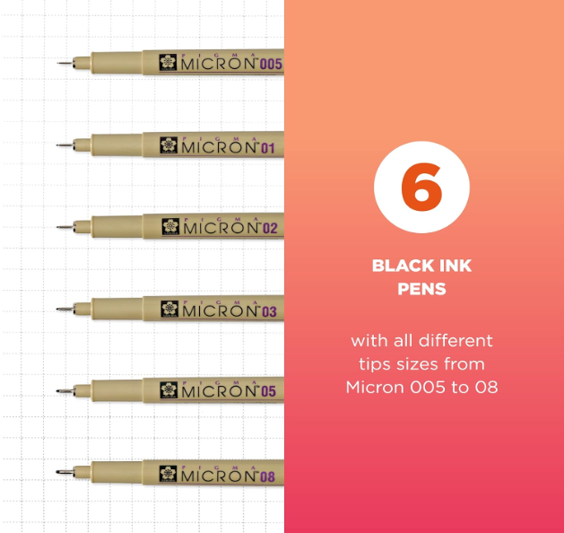 Sakura Pigma Micron Fineliner Pens – Archival Black Ink, Assorted Sizes (6-Pack) - Image 2